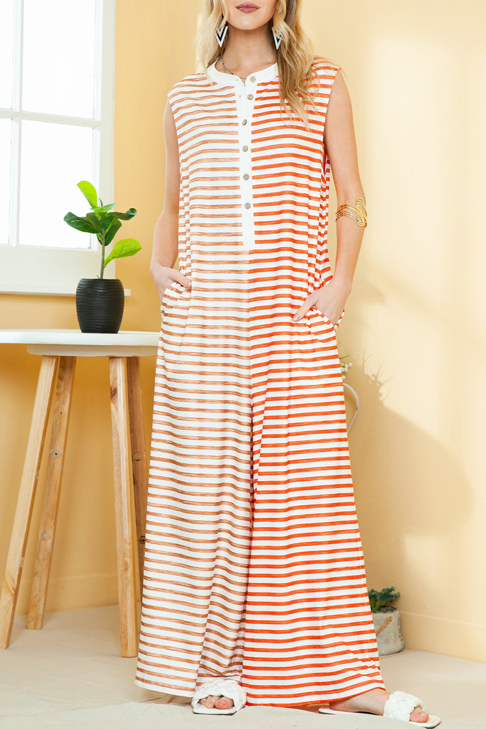 Orange Striped Pocketed BAGgy Wide Leg Jumpsuit