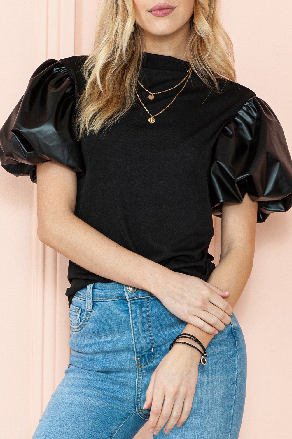 Black Mock Neck Faux Leather Puff SHORT Sleeve Top