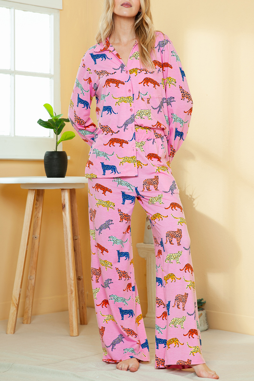 #REF! Pink Cheetah Print Shirt and Wide Leg PANTS Pajama Set