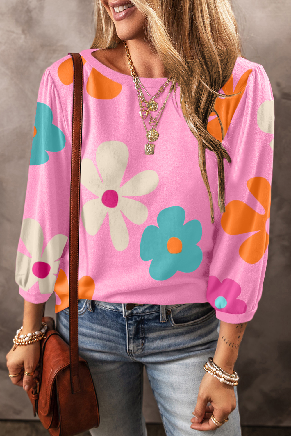 Shewin Wholesale New arrival Rose 60s Flower Print Ruched BRACELET Sleeve Top