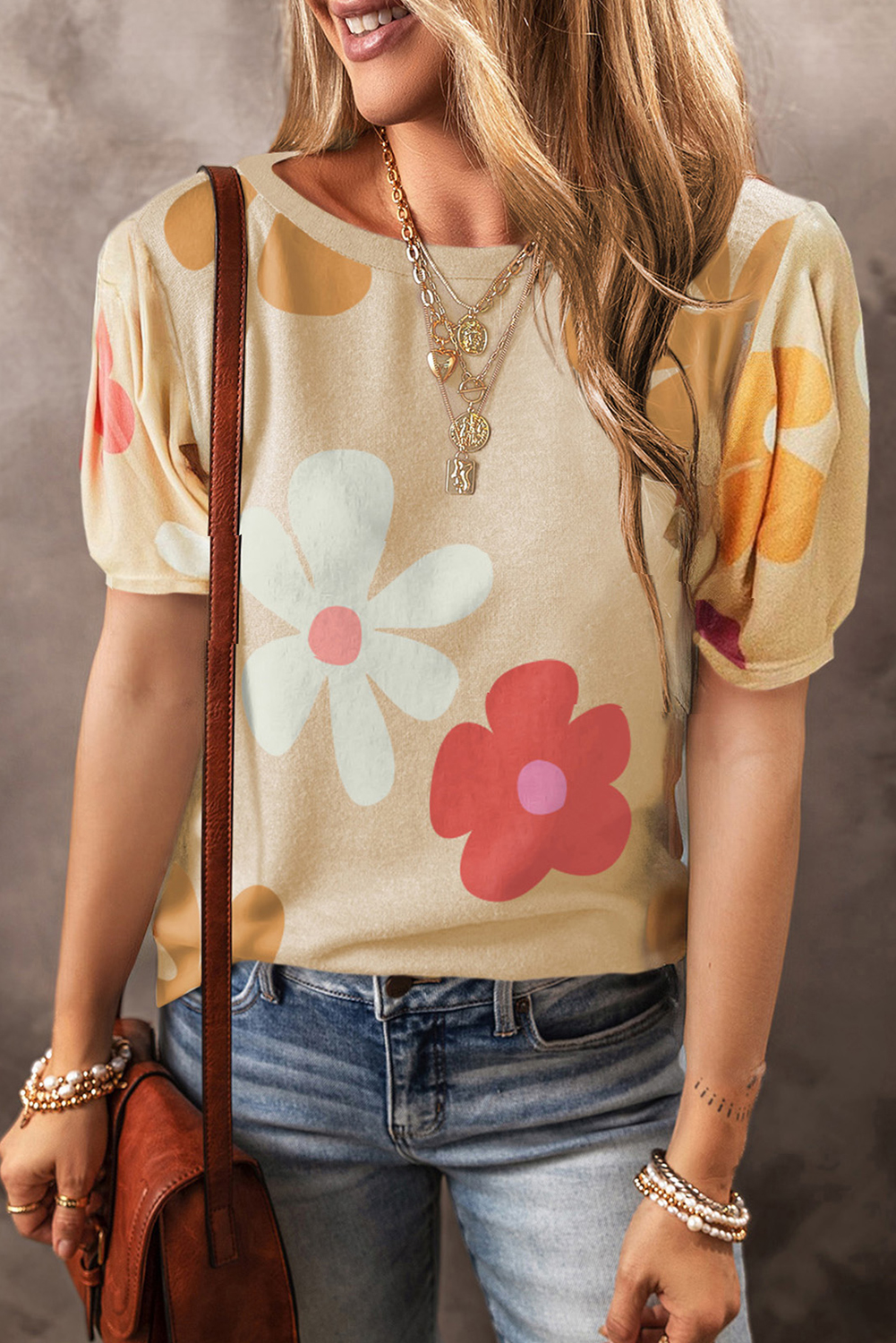 Shewin Wholesale Boutique Apricot Colorful FLOWER Print Bubble Sleeve Tee