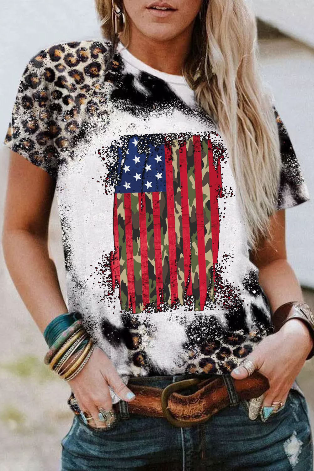 Shewin Wholesale Dropshipping Leopard Vintage American Flag Graphic Tie Dye T SHIRT