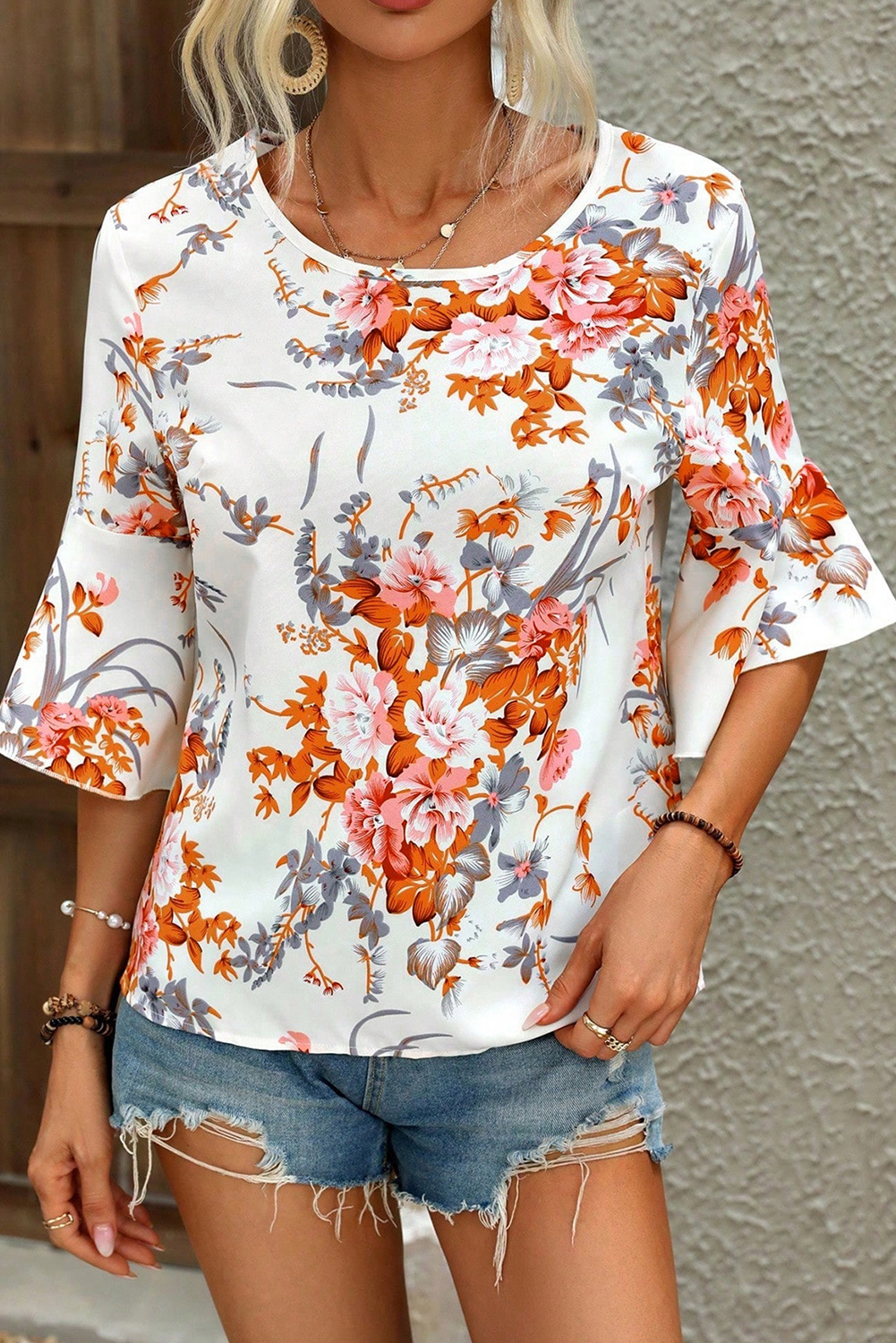 Shewin Wholesale Dropshippers White FLOWER Print Round Neck Half Sleeve Top