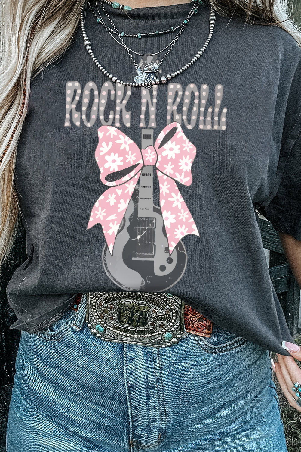 Shewin Wholesale Casual Black ROCK N ROLL Bowknot Guitar Graphic T SHIRT