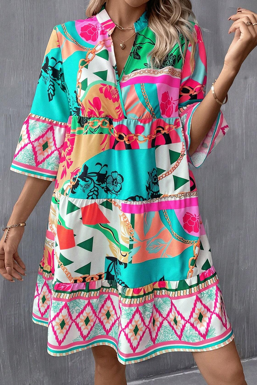 Shewin Wholesale Dropshippers Multicolour Boho Abstract Print Flowy Tiered DRESS