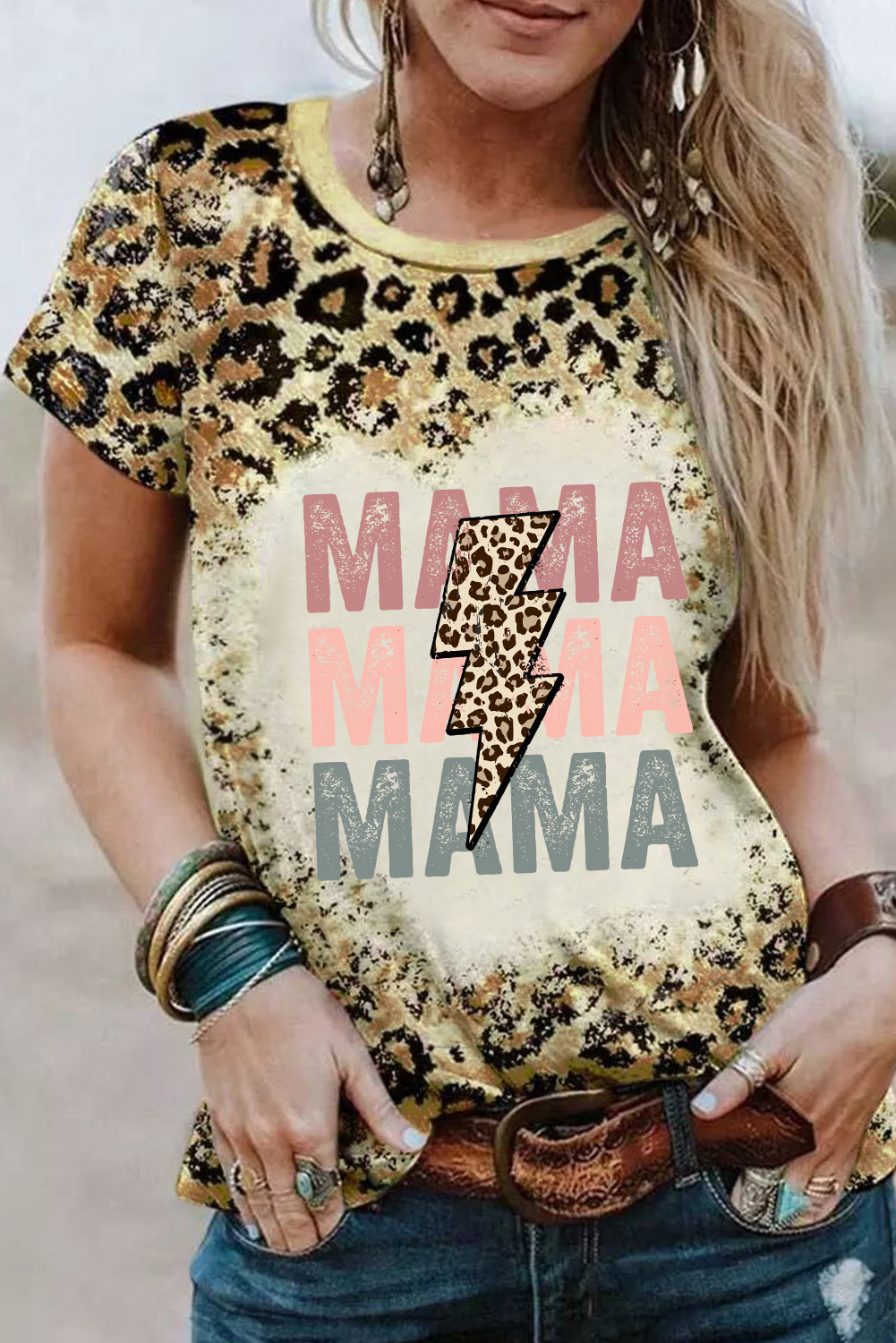 Shewin Wholesale Dropshipping Leopard Bleached Lightning MAMA Graphic T SHIRT