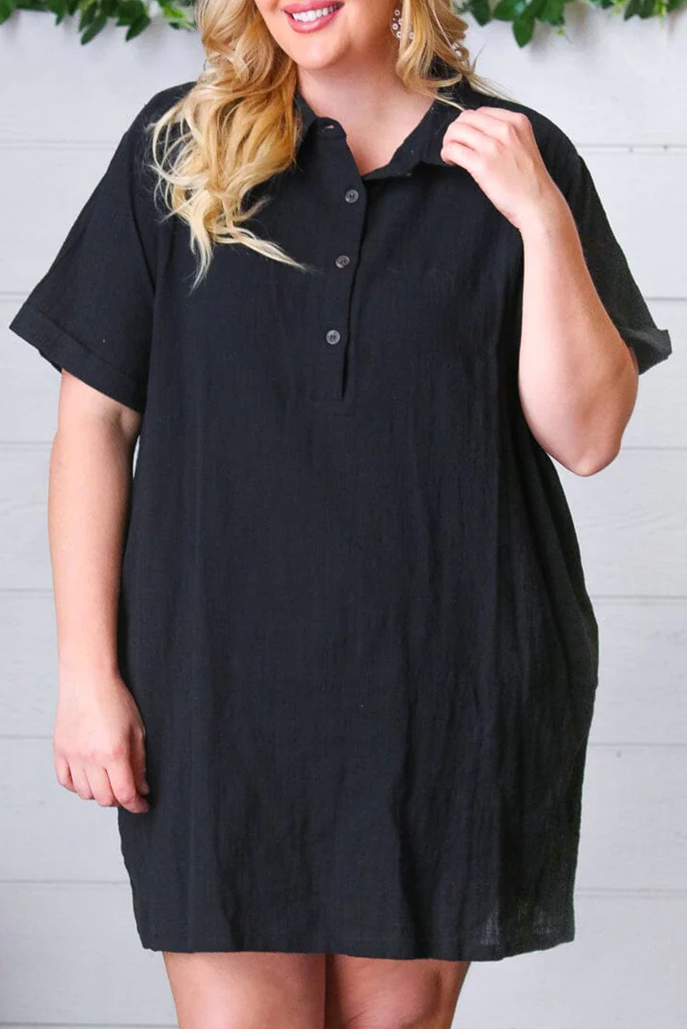Shewin Wholesale Dropshippers Black Plus Size Collar Buttoned Short Sleeve Shirt DRESS