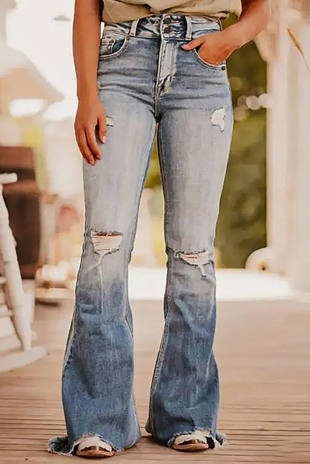 Shewin Wholesale WESTERN Dusk Blue Vintage Light Wash Ripped Raw Edge Flare Jeans