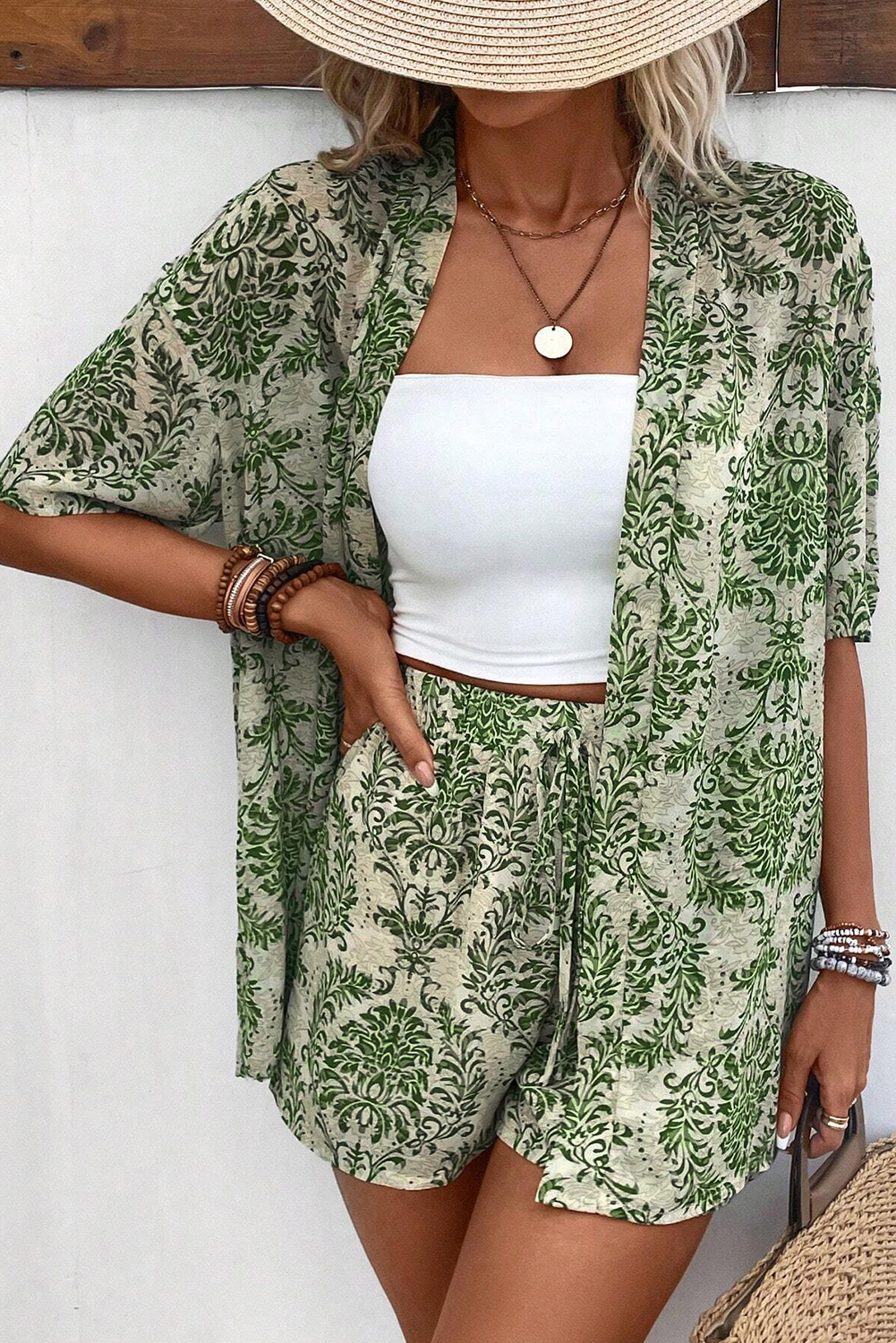 Shewin Wholesale Distributor Green Floral Open Front SHIRT and Drawstring Shorts Set