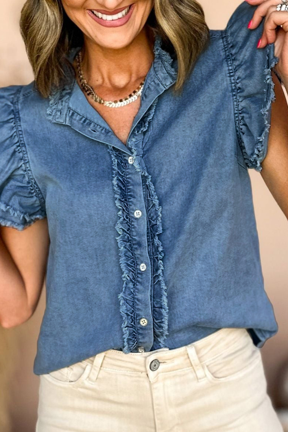 Shewin Wholesale Stores Ashleigh Blue Button Front Ruffled Flutter Frayed DENIM Top