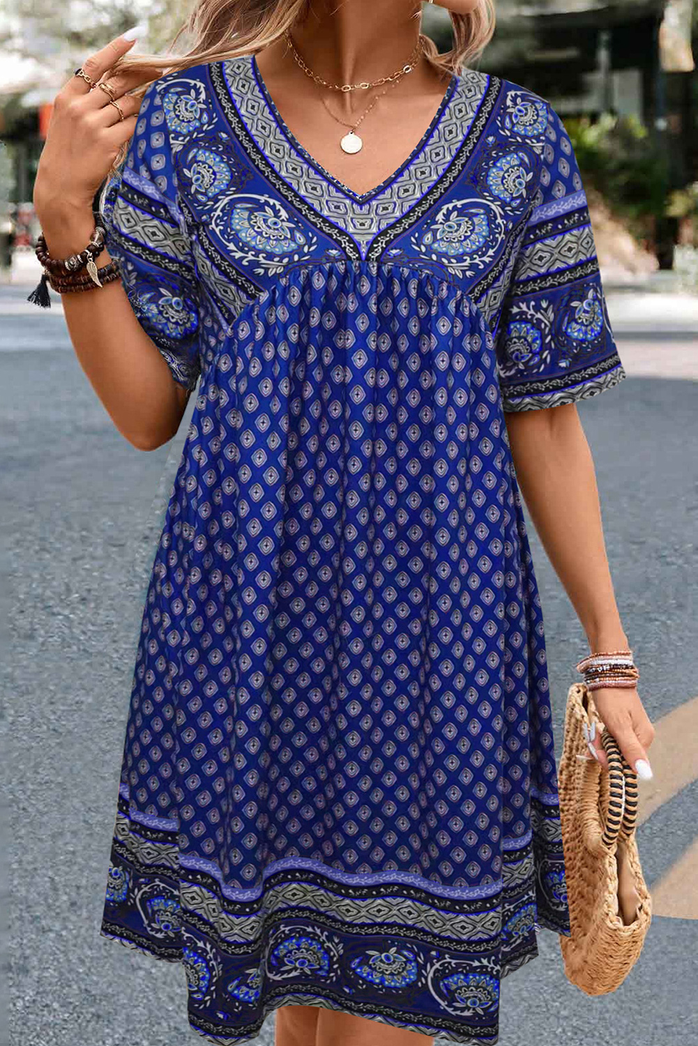  Bluing Casual Ethnic Print Short Sleeve Midi DRESS