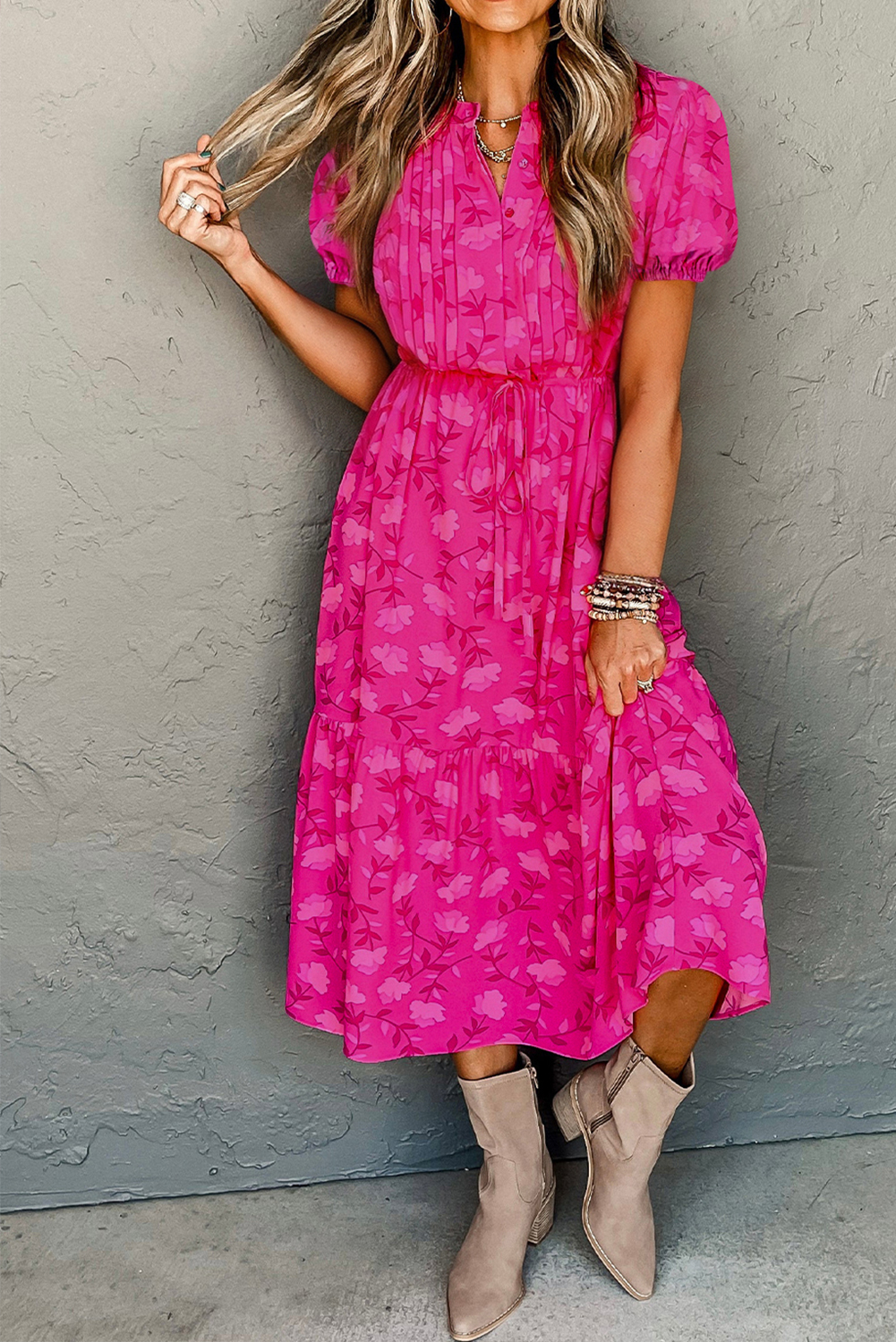 Rose Red Pleated Lace-up High Waist Puff Sleeve Floral Midi DRESS