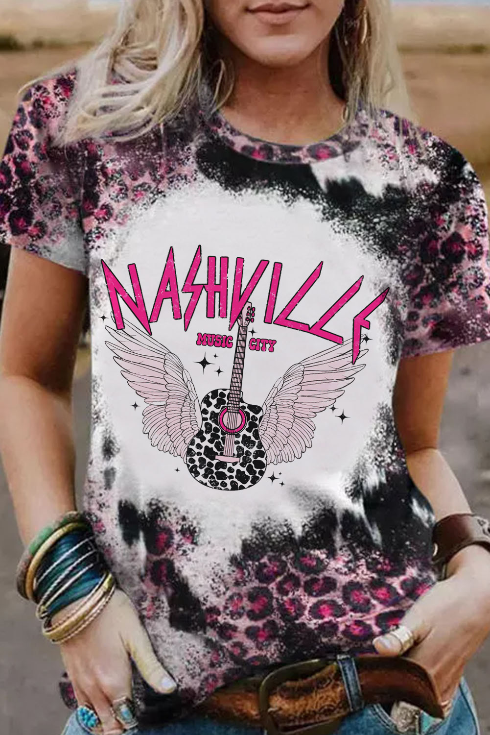 Shewin Wholesale Dropshippers Pink NASHVILLE MUSIC CITY Graphic Bleached Leopard Tee