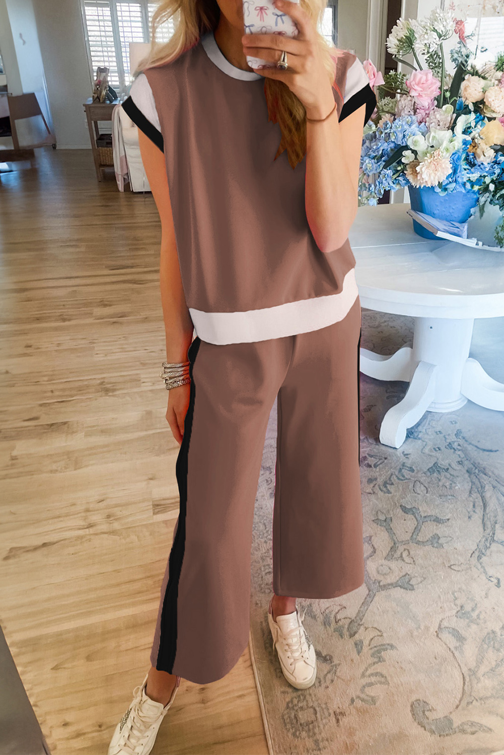 Shewin Wholesale Stores Chestnut Colorblock Cap Sleeve Tee and Wide Leg PANTS Set