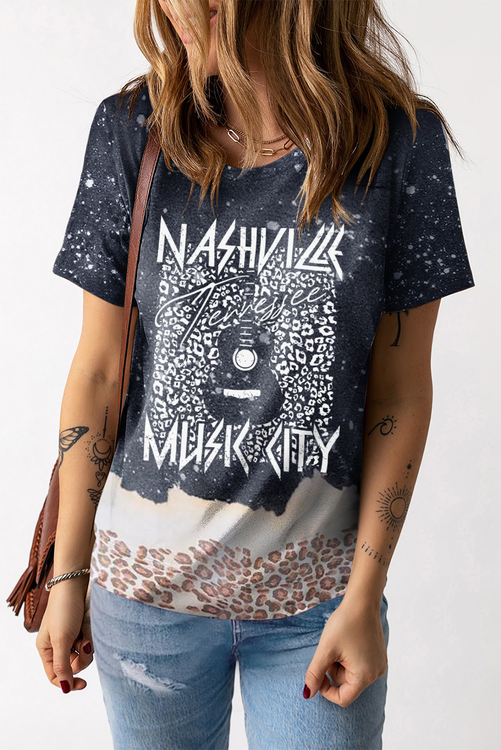 Shewin Wholesale Dropshippers Black NASHVILLE MUSIC CITY Tie Dye Leopard Graphic Tee