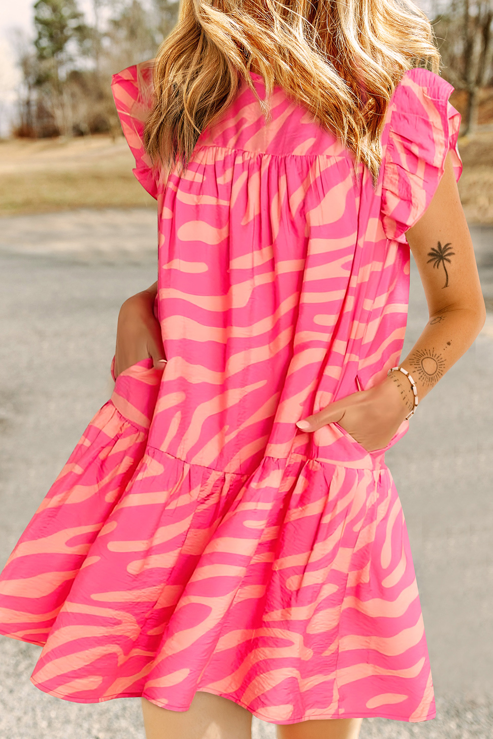 Shewin Wholesale 2024 Hot Pink Zebra Stripe Print Ruffle Trim Pocketed Mini Dress