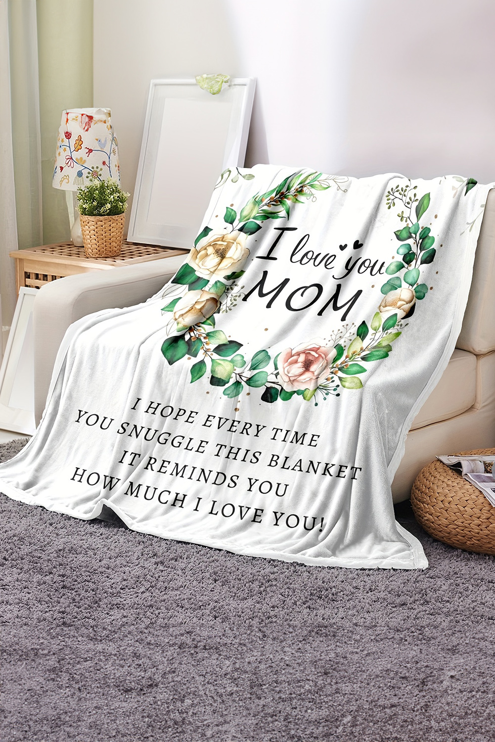 Shewin Wholesale Dropship White I Love You MOM Floral Print Large BLANKET 130*150cm