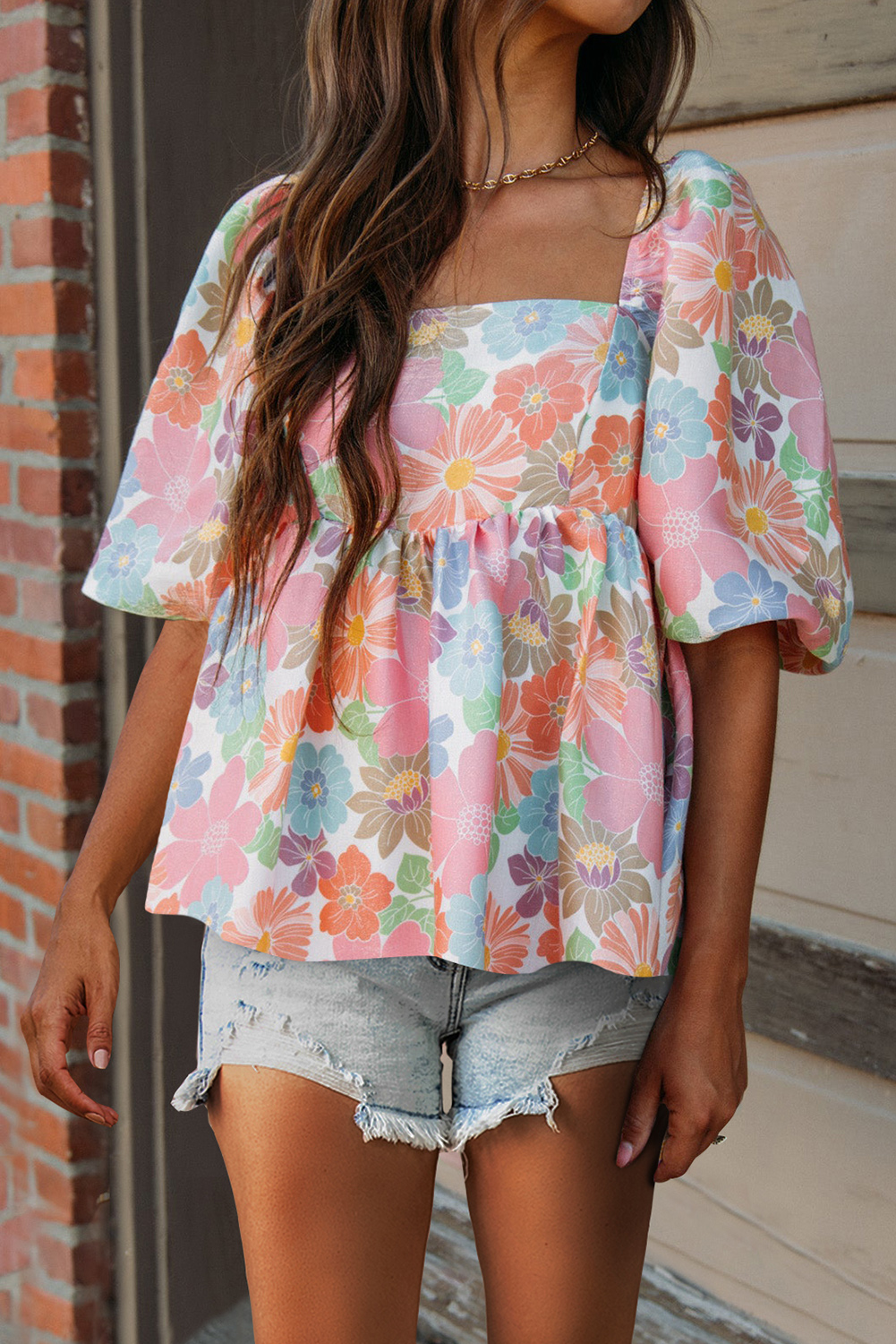 Shewin Wholesale CHIC Women Pink Floral Puff Sleeve Square Neck Babydoll Blouse