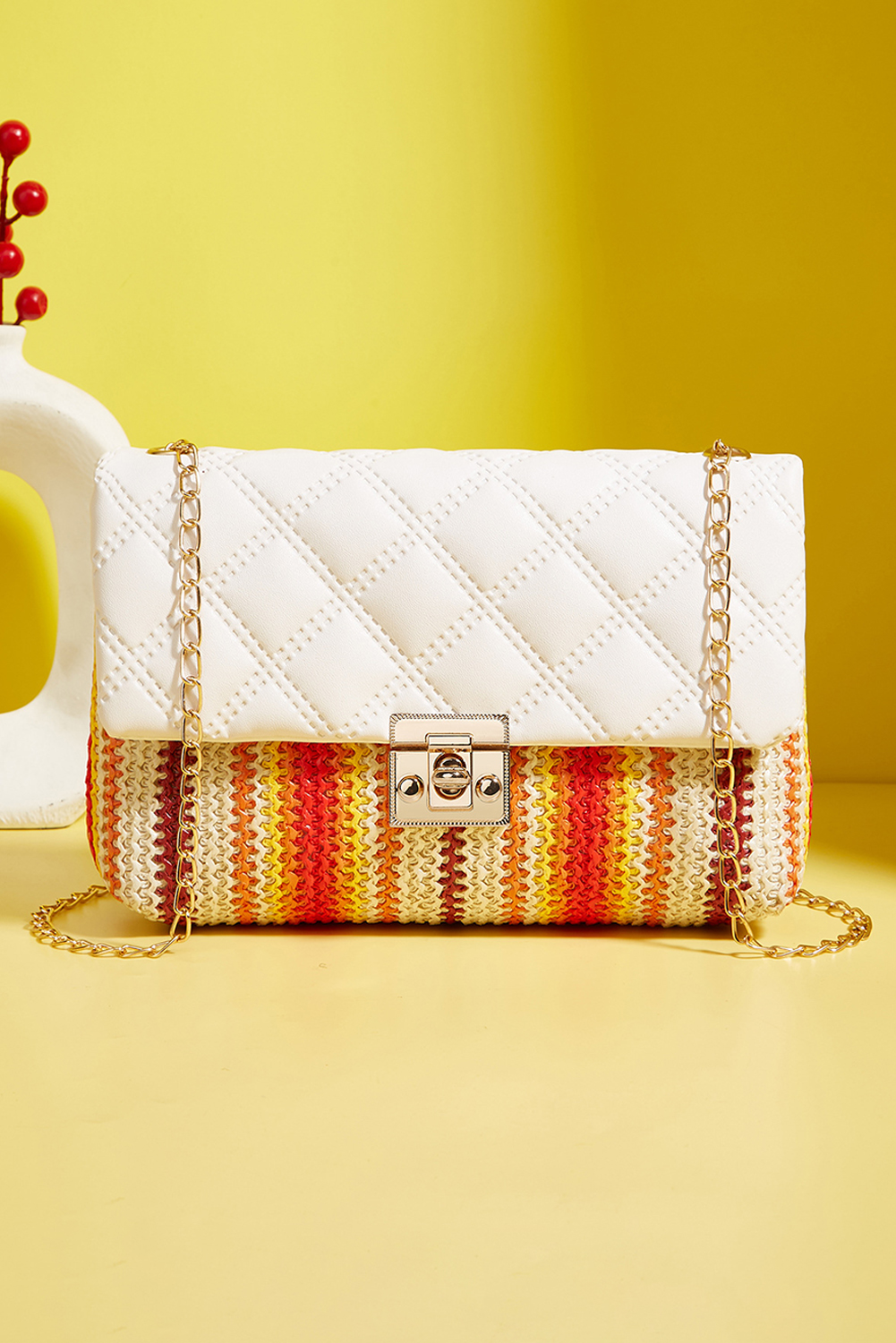 Shewin Wholesale Dropship White Quilted Flap Printed Knit Chain Single SHOULDER BAG