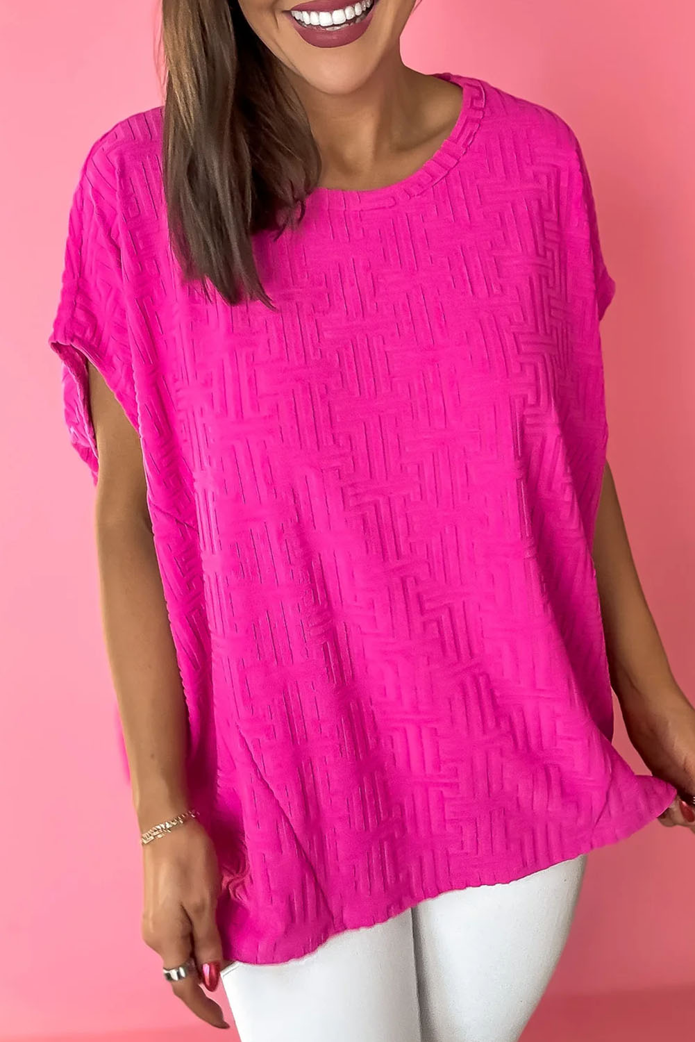 Shewin Wholesale Apparel Rose Red Textured Oversized Dolman T SHIRT
