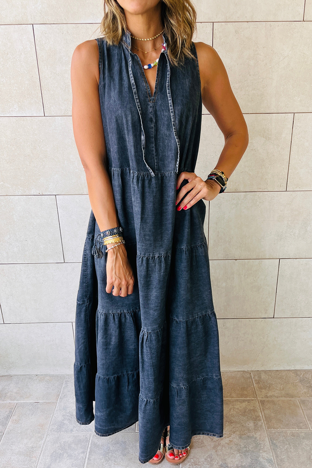 Shewin Wholesale WESTERN Real Teal Sleeveless Tiered Chambray Maxi Dress