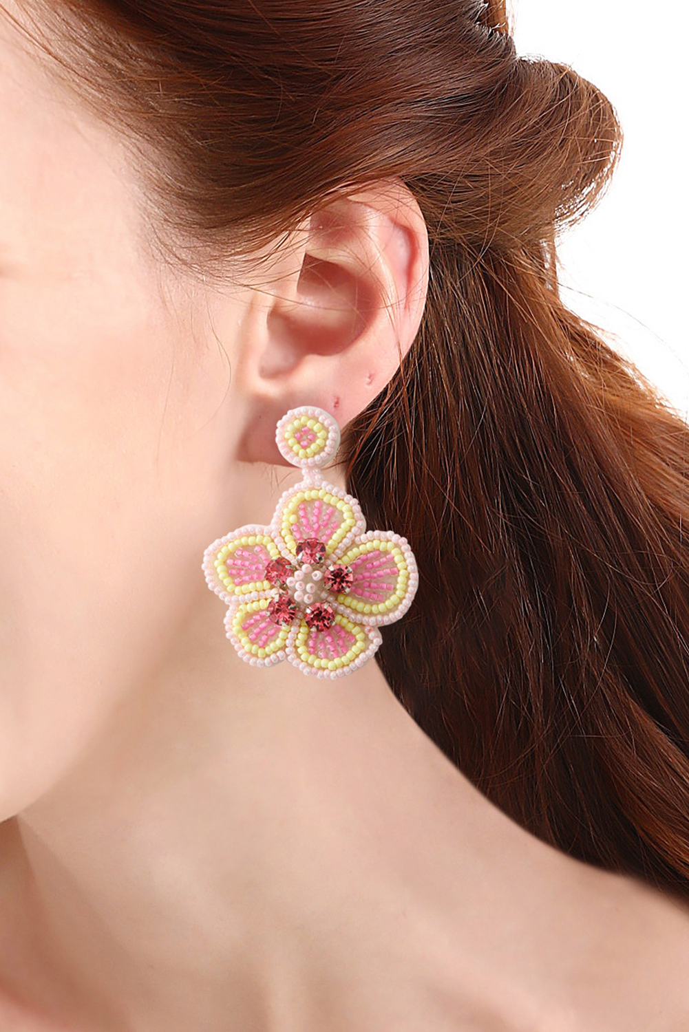Shewin Wholesale Customized Apricot Pink Boho Beaded Flower Shape Dropping EARRINGS