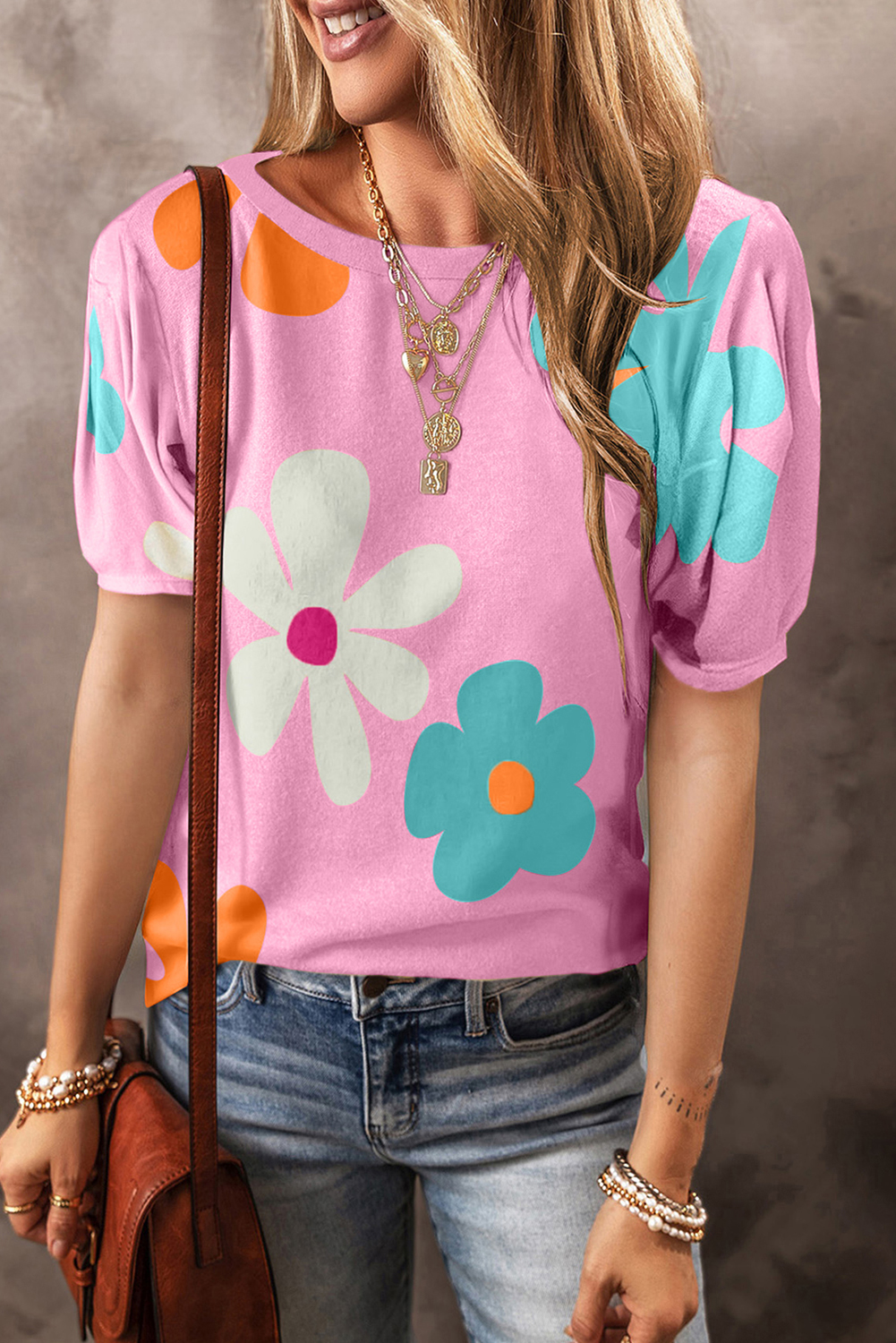 Shewin Wholesale Stores Pink Colorful FLOWER Print Bubble Sleeve Tee