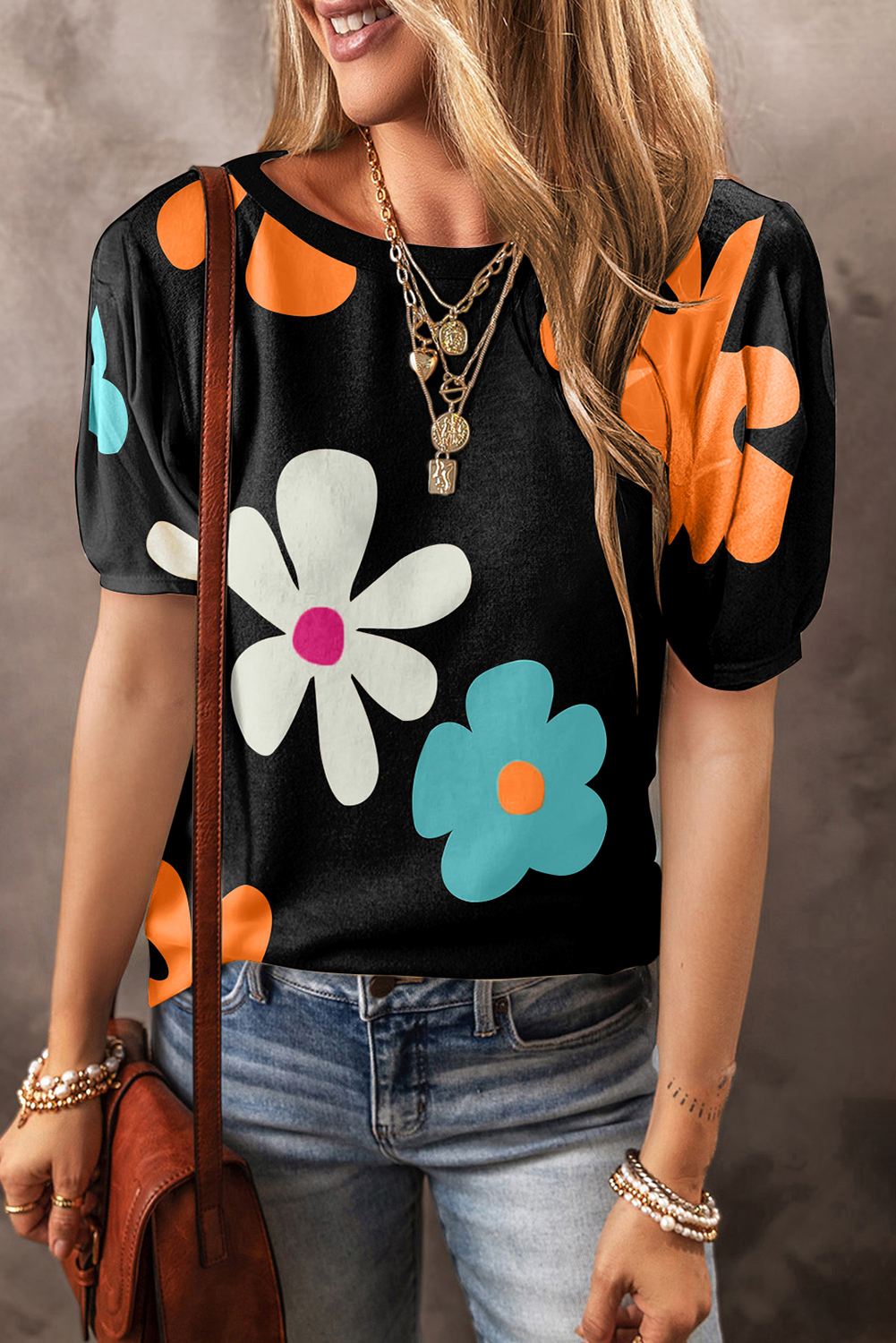 Shewin Wholesale Stores Black Colorful FLOWER Print Bubble Sleeve Tee