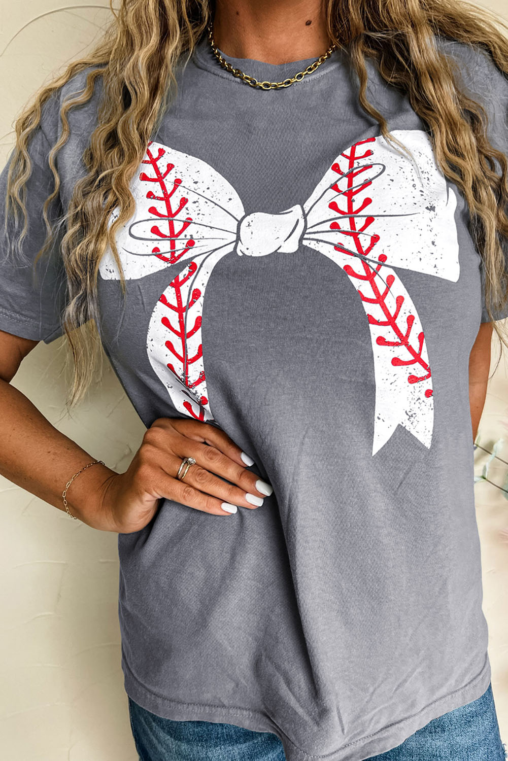  Gray Casual BASEBALL Bowknot Graphic Roll Up Sleeve Tee