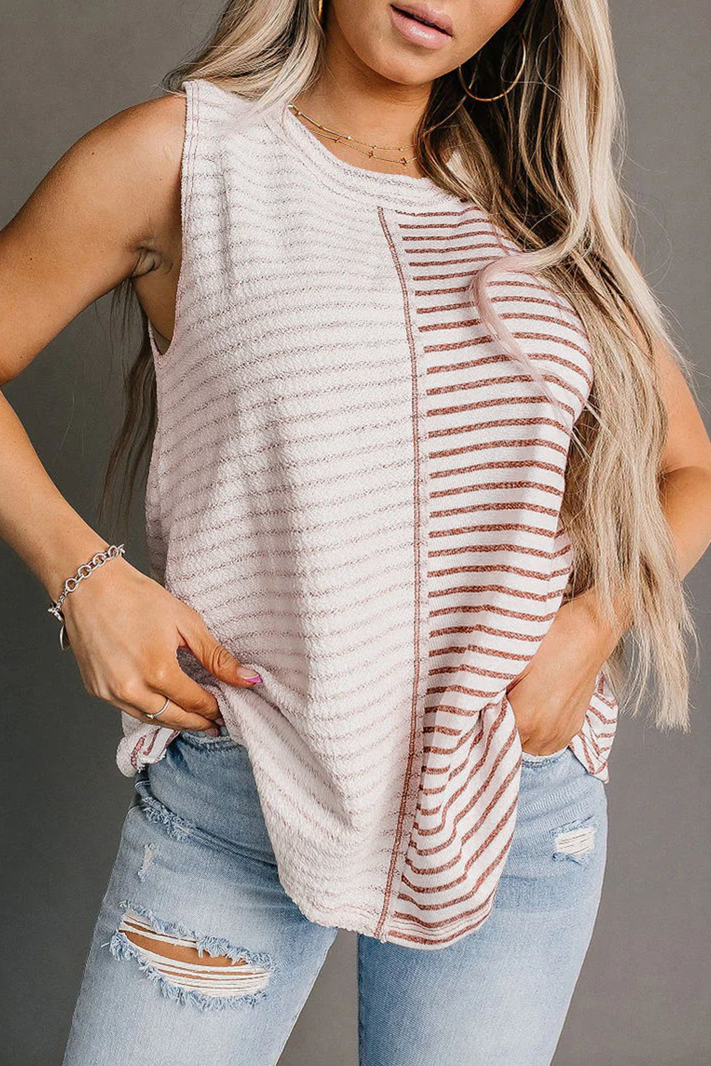 Brown Striped Center Seamed Patchwork TANK TOP