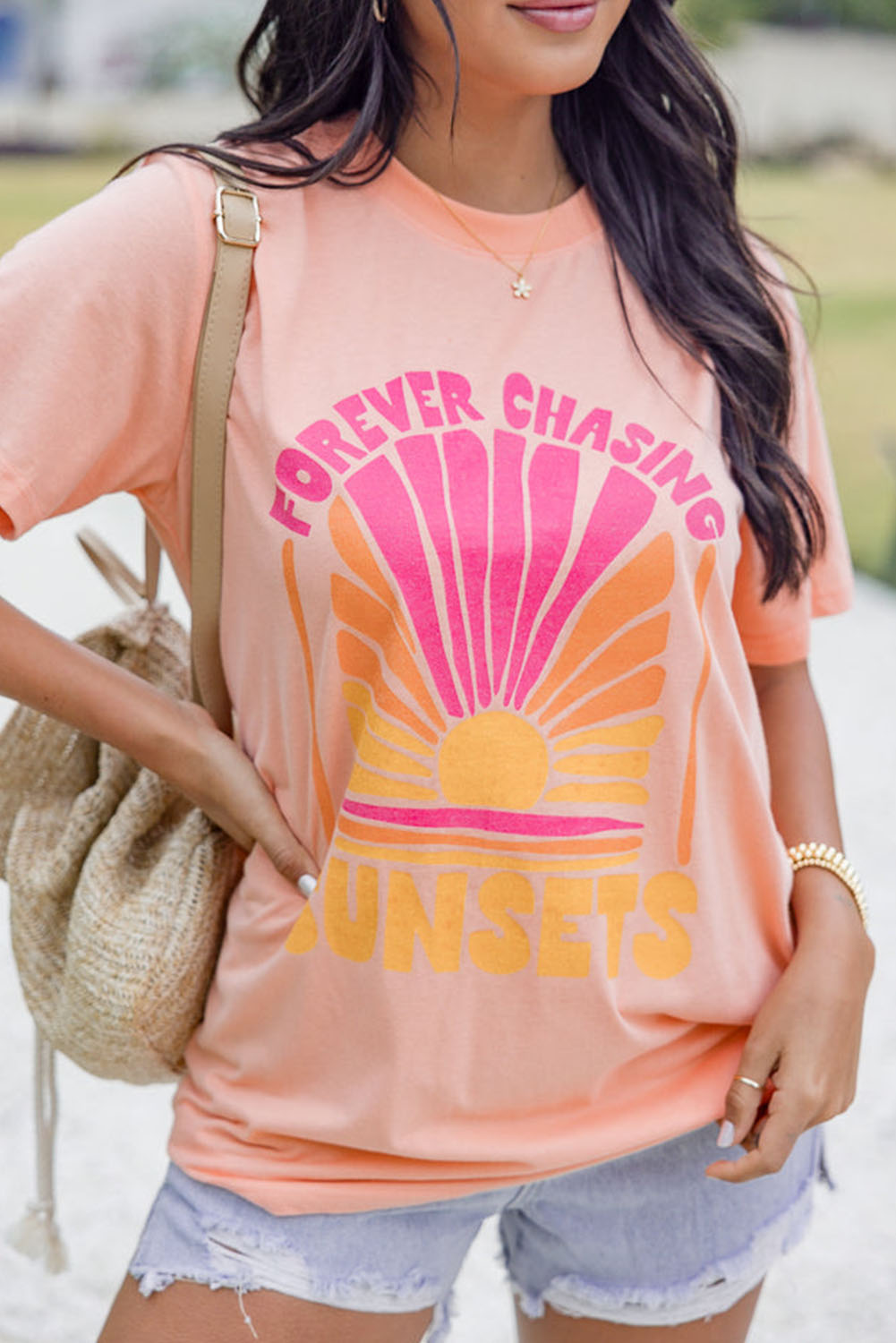Shewin Wholesale Fall Pink FOREVER CHASING SUNSET Graphic Round Neck T SHIRT