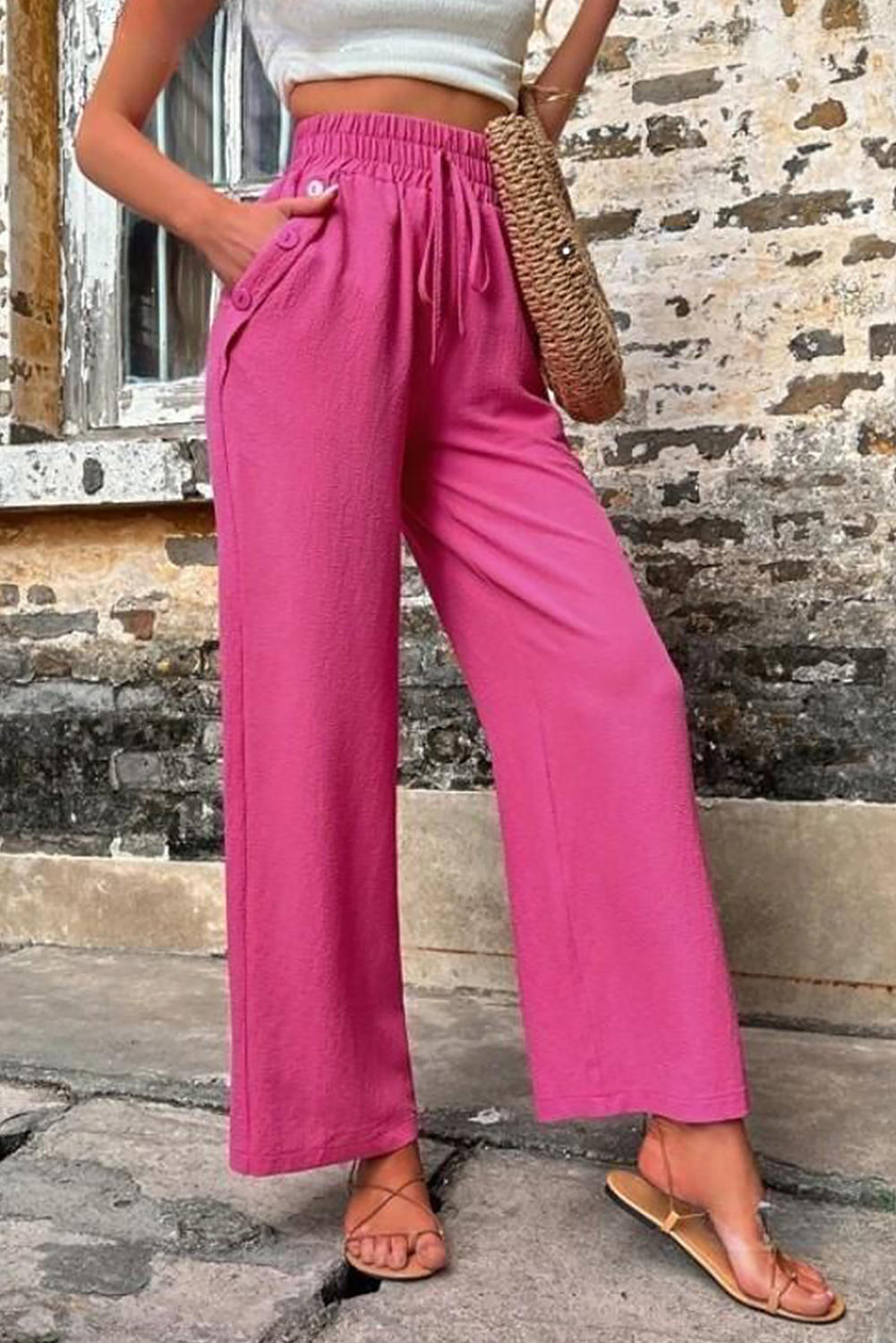 Shewin Wholesale Dropshipping Rose Red Solid Color High Waisted Drawstring Loose PANTS