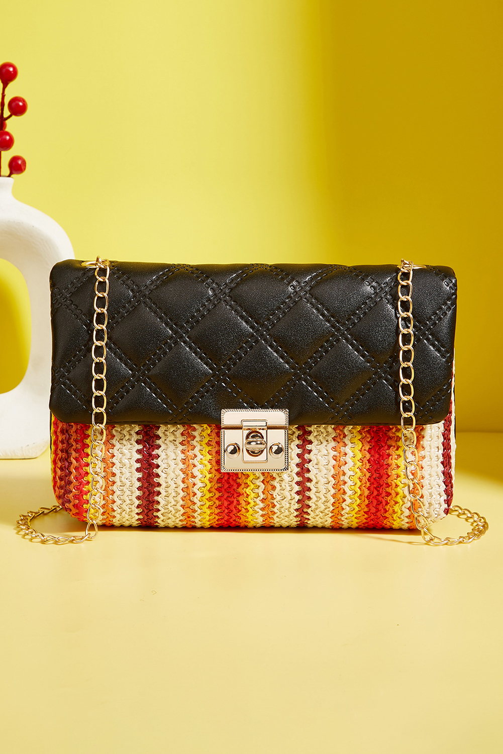 Shewin Wholesale Customized Wholesale Black Quilted Flap Printed Knit Chain Single SHOULDER BAG