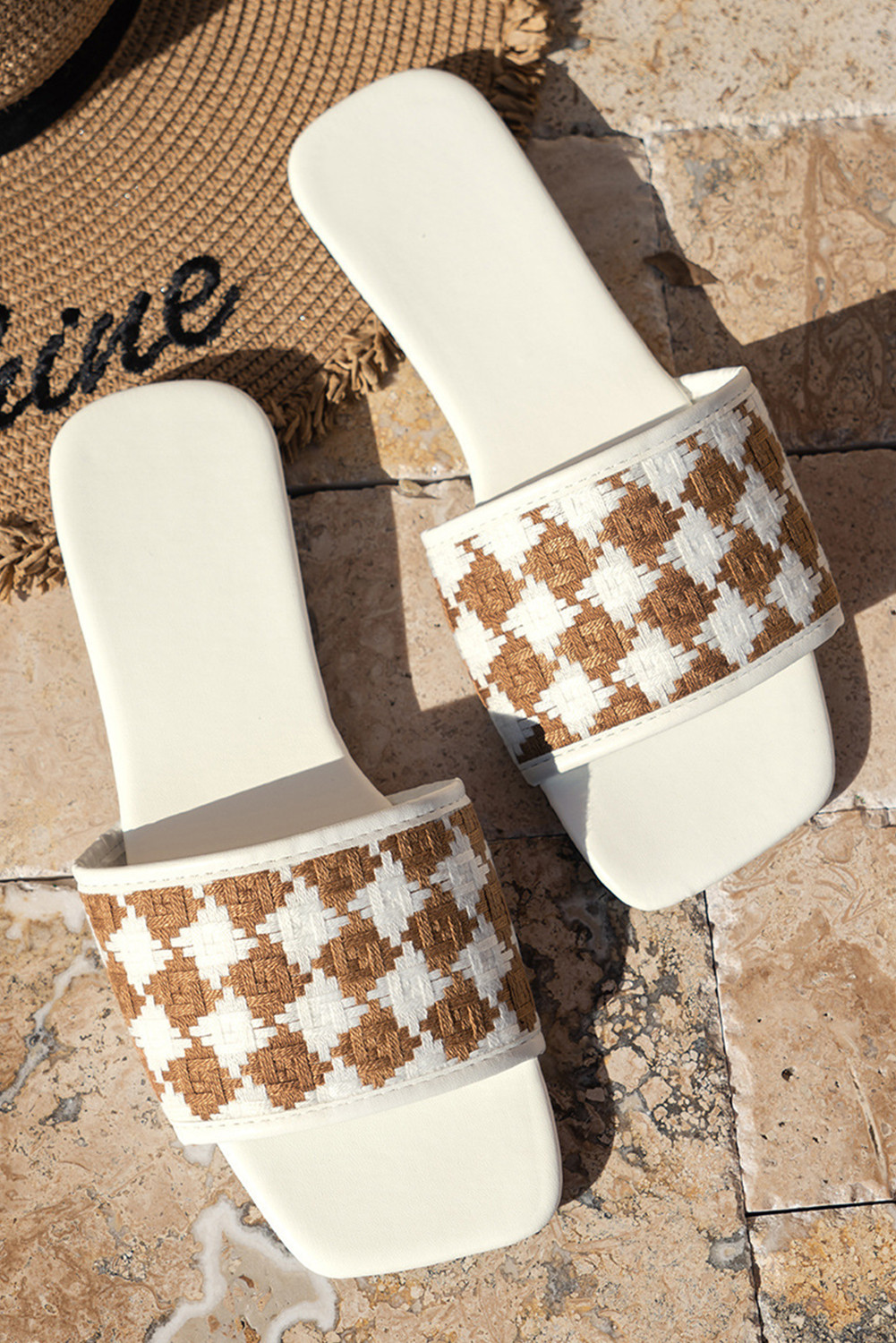 White Plaid Print Square Toe Slip On Slides Shoes