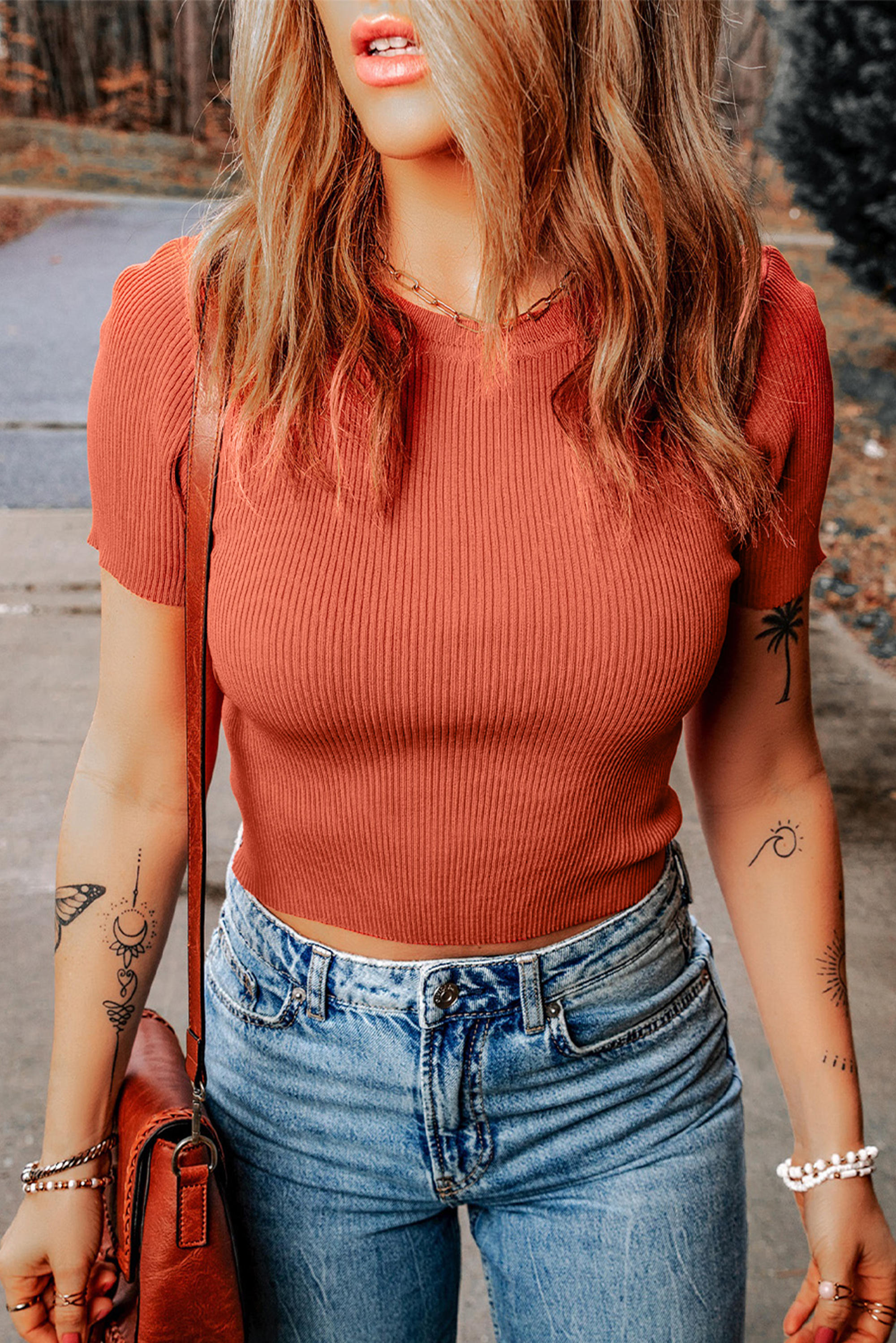 Tomato Red Ribbed Knit Crewneck Crop T SHIRT