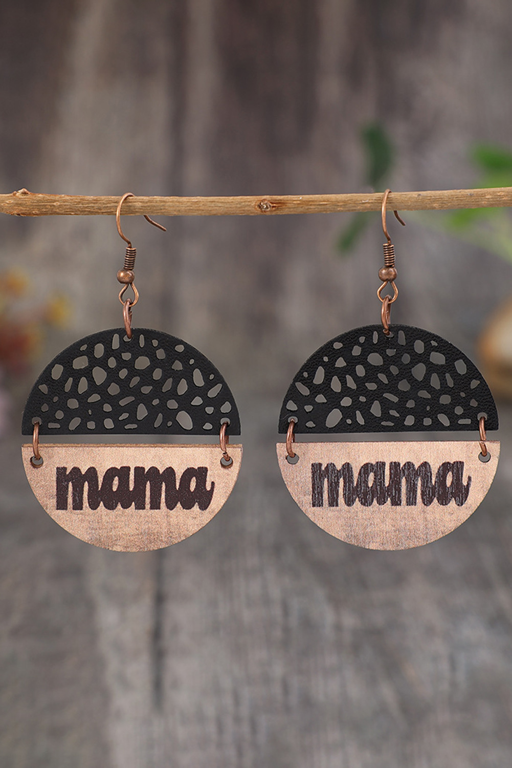 Black VINTAGE mama Pendant Leather Wooden Earrings