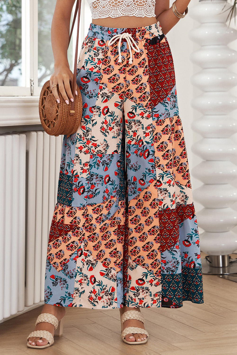 Shewin Wholesale Custom Multicolor Boho Floral Print Drawstring Wide Leg PANTS