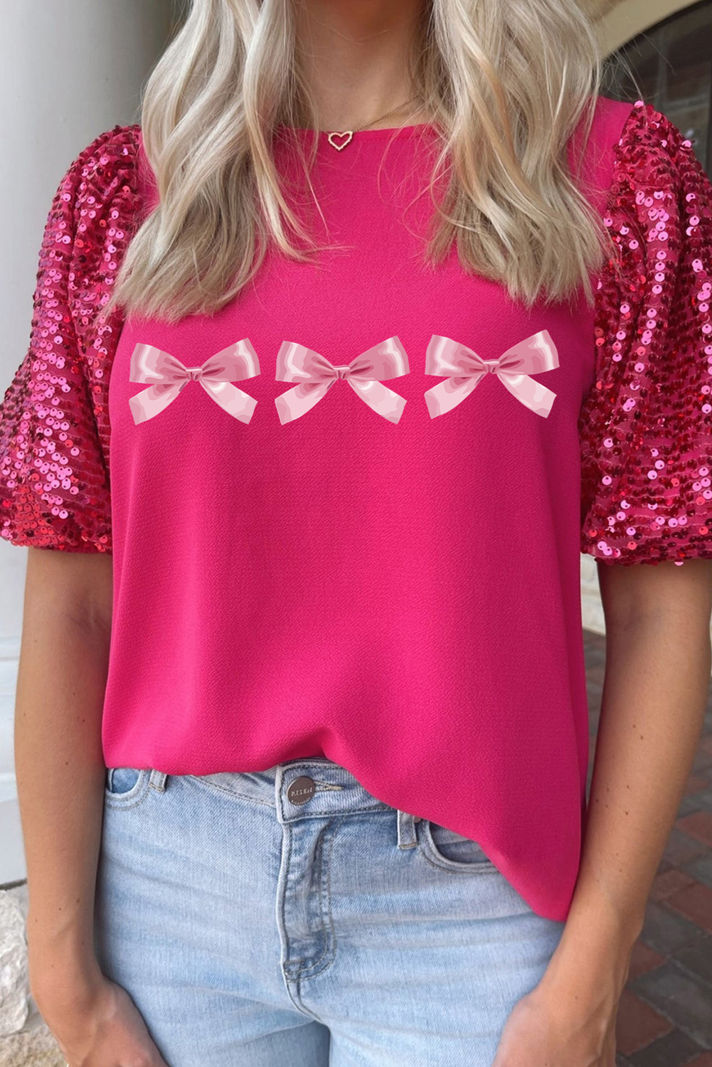Shewin Wholesale Custom Rose Red Bow Tie Graphic Sequin Contrast Sleeve T SHIRT