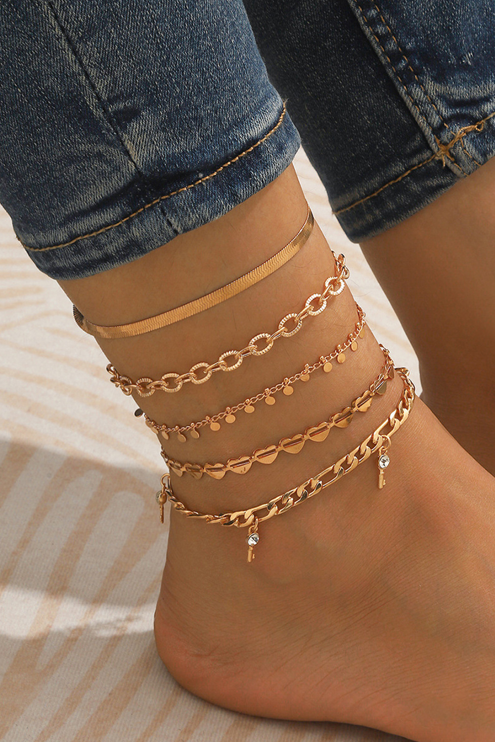 Shewin Wholesale Lady Gold Round Piece Fringe 5 Pieces ANKLET Chains