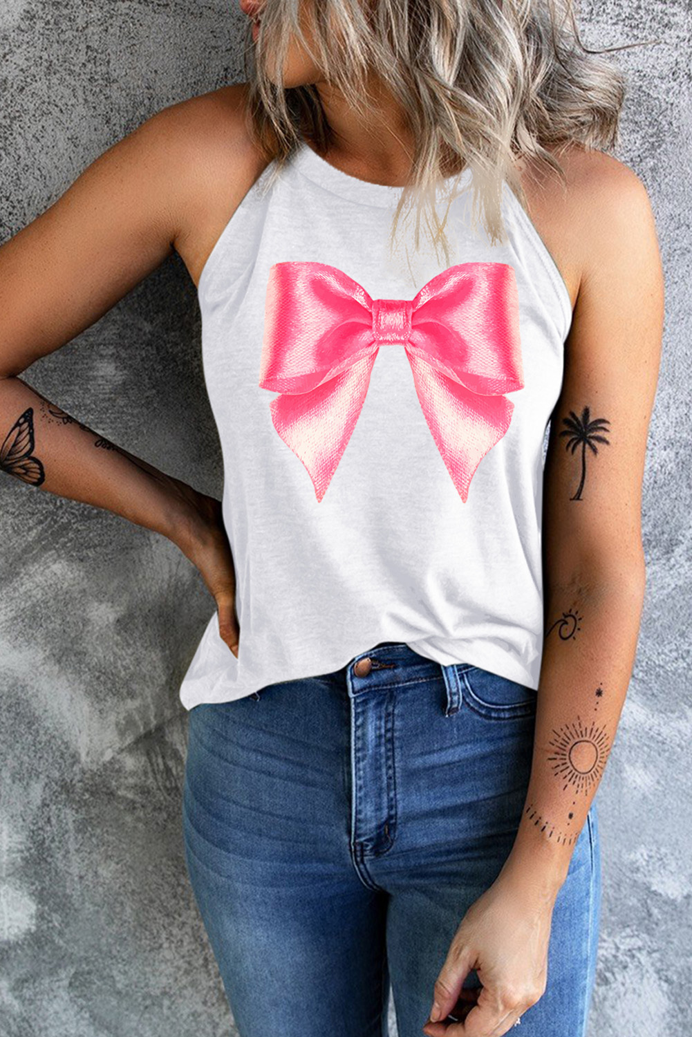 Shewin Wholesale Lady White Bow TIE Graphic Halter Tnak Top