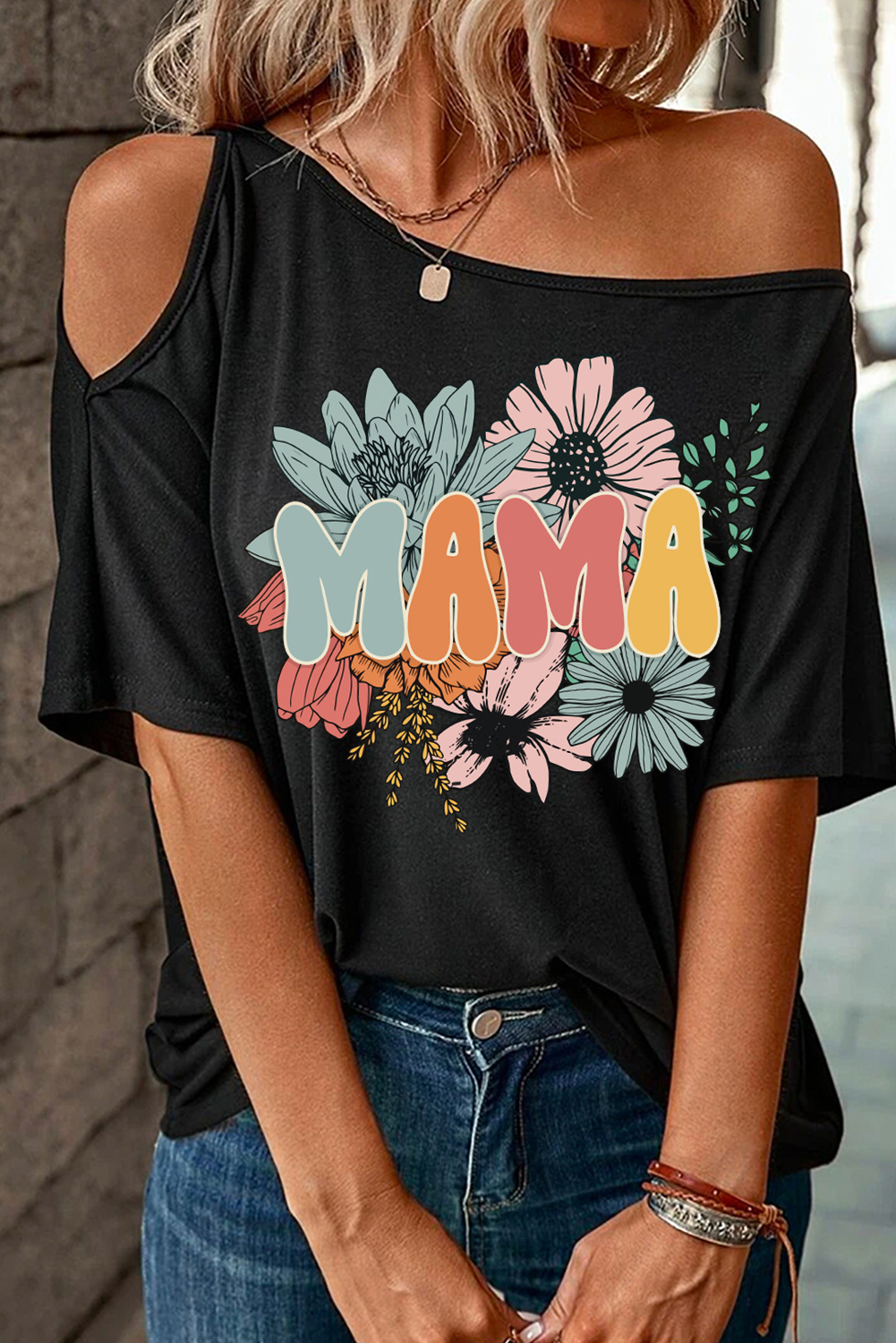 Shewin Wholesale Lady Black Casual MAMA FLOWER Graphic Asymmetric Neck T Shirt