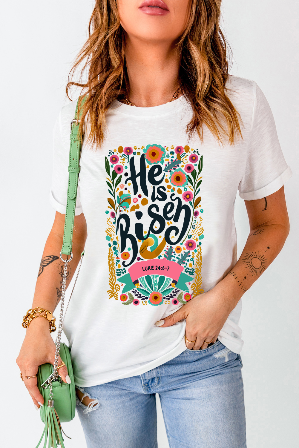 Shewin Wholesale Lady White He Is Risen Floral Graphic Round Neck T SHIRT