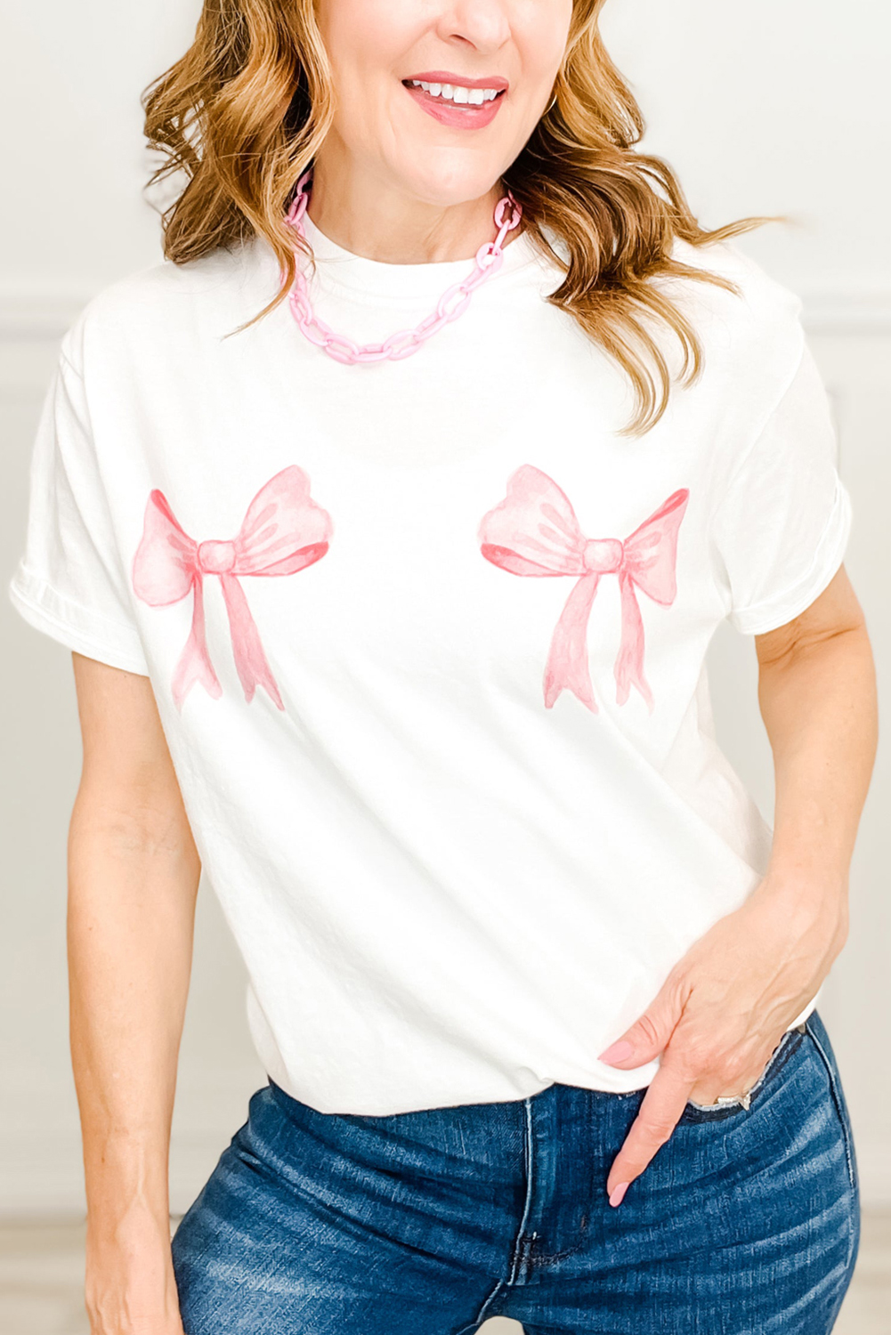 Shewin Wholesale Lady White Casual Sweet Bow Knot Graphic O Neck T SHIRT
