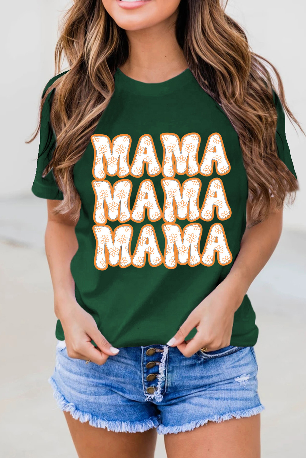 Shewin Wholesale Women Clothes Green MAMA FLOWER Slogan Graphic Crew Neck T Shirt
