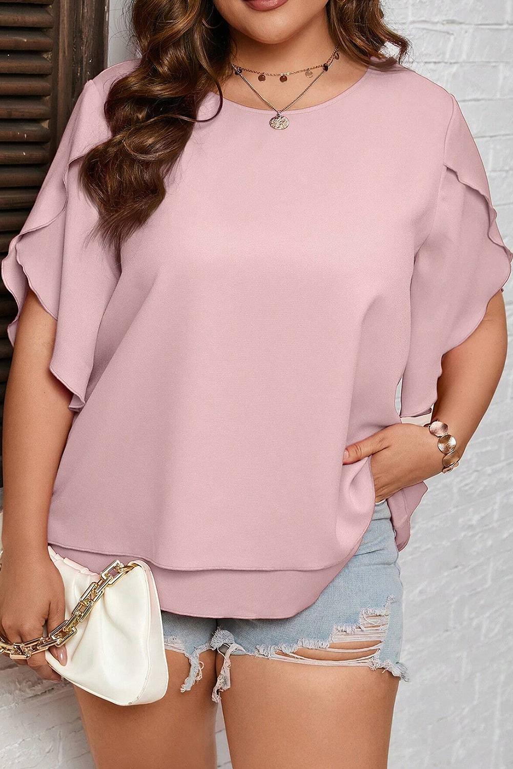 Shewin Wholesale LADY Light Pink Plus Size Frilly Overlap Sleeve Double Layered Blouse