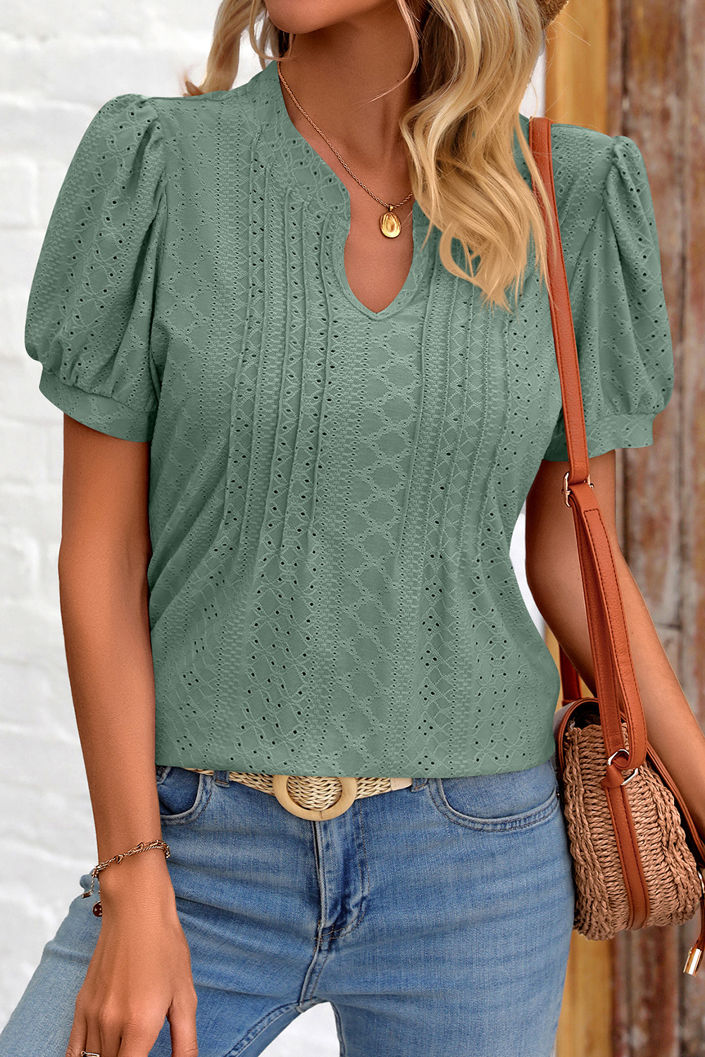 Shewin Wholesale LADY Mist Green V Neck Textured Short Puff Sleeve Blouse