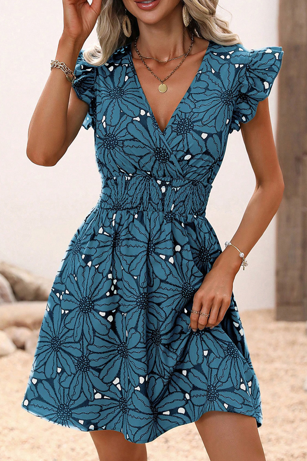 Shewin Wholesale Lady Real Teal Wrapped V Neck Floral Print Ruffle Short Sleeve DRESS