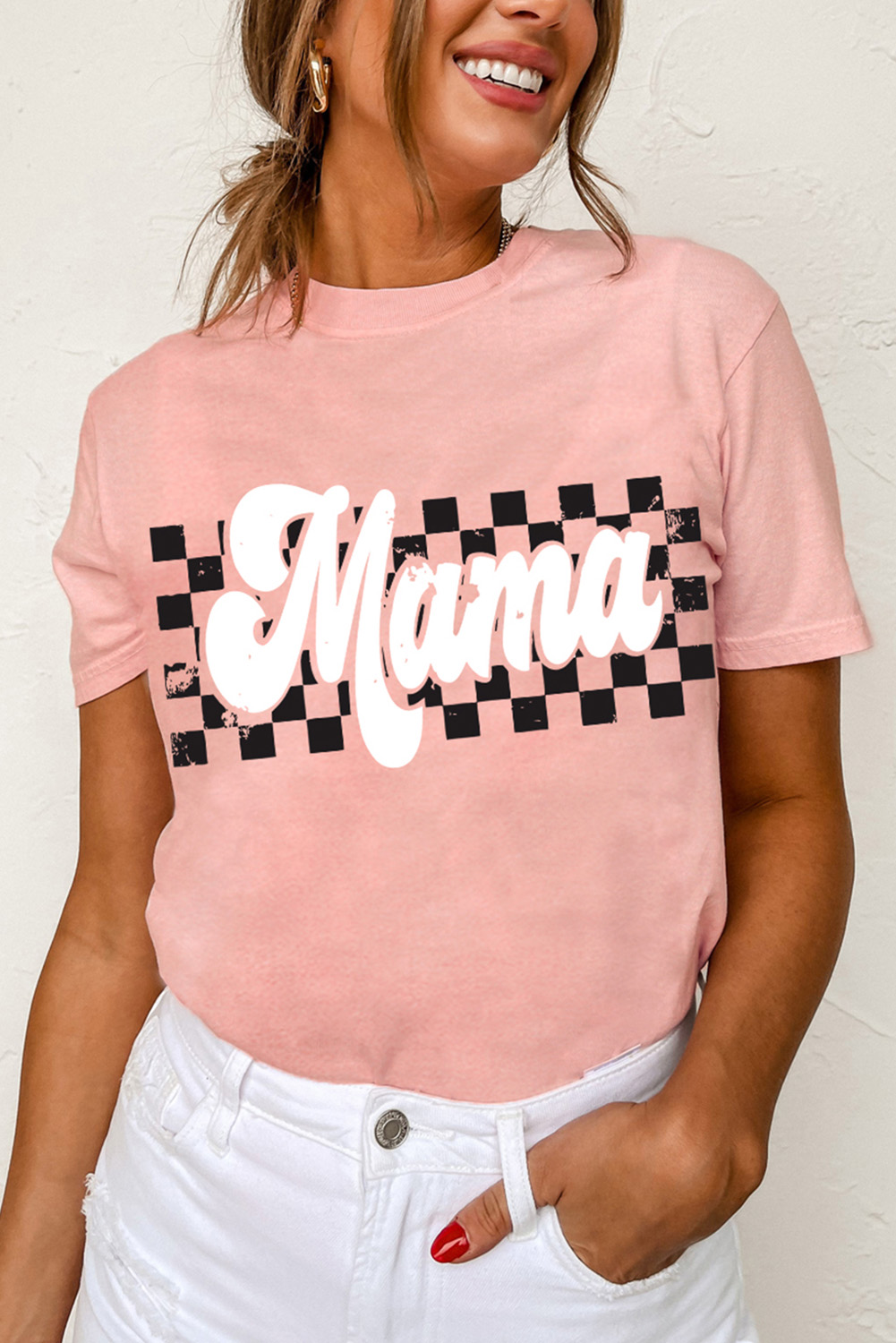 Shewin Wholesale Lady Pink Mama Checkered Graphic O Neck Casual T SHIRT