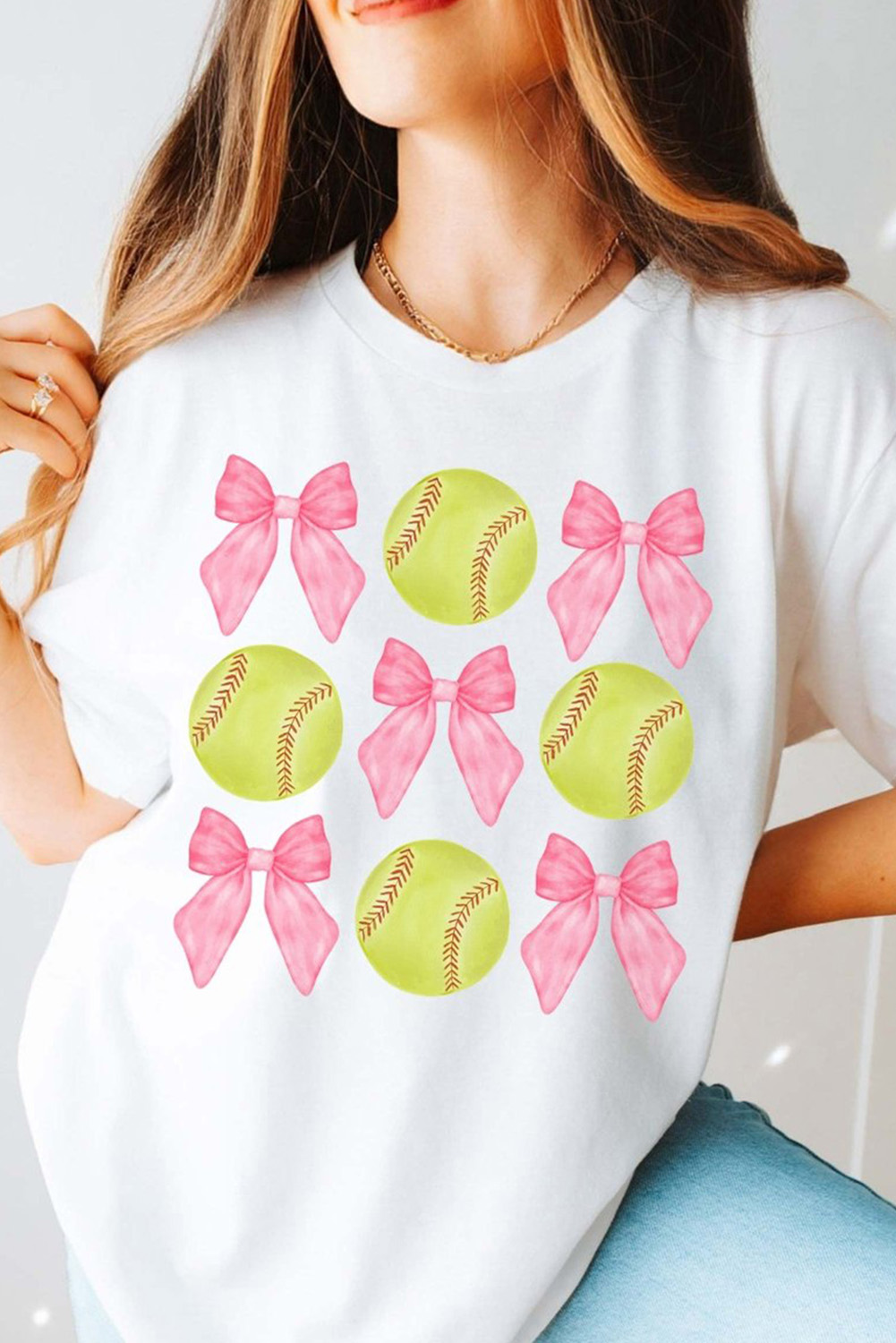 Shewin Wholesale Lady White Casual Bow Tie BASEBALL Graphic Round Neck Tee