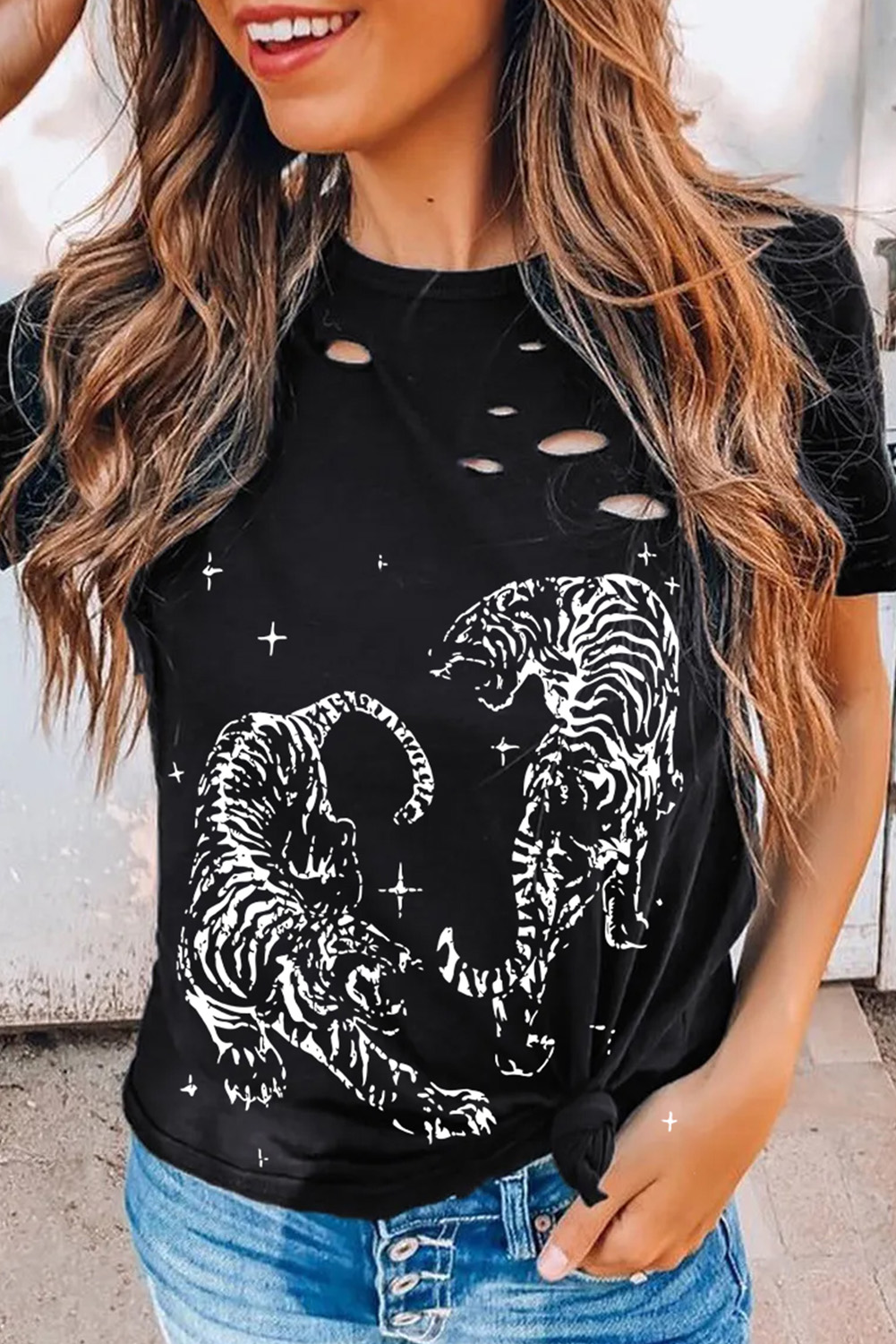 Shewin Wholesale Lady Black Tiger Graphic Cut Out Distressed O Neck T SHIRT
